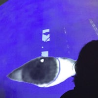 a woman looking at a blue screen with an eye on it