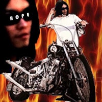 an image of a woman on a motorcycle with the word hope